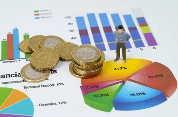 Concepto Negocio Los Informes Financieros Con Gráficos Gráficos Hay Monedas — Foto de Stock