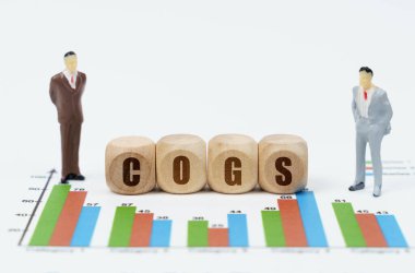 İş ve finans kavramı. Grafikli mali raporlar, bir işadamı figürü ve üzerinde COGS yazan tahta küpler.