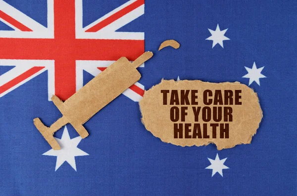 Orvosi Fogalom Ausztrália Zászlóján Egy Fecskendő Egy Szakadt Karton Látható — Stock Fotó