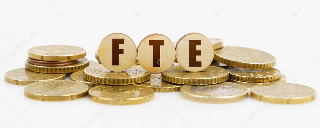 Business and finance concept. On a white surface lie coins and wooden circles with the inscription - FTE