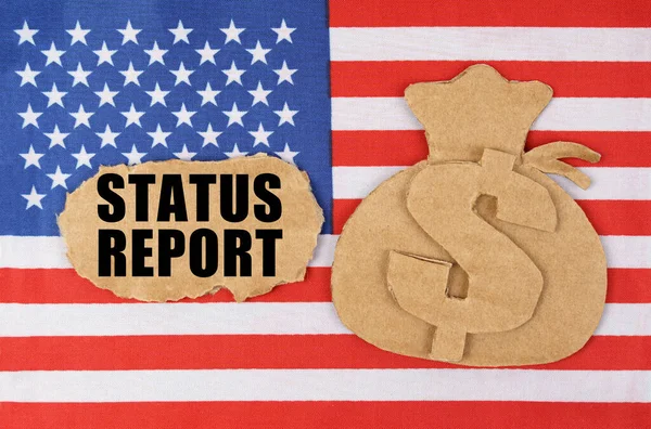 国家経済とビジネスの概念 米国の国旗には ドル記号の入ったバッグと銘板のついた段ボールの姿 Status Report — ストック写真