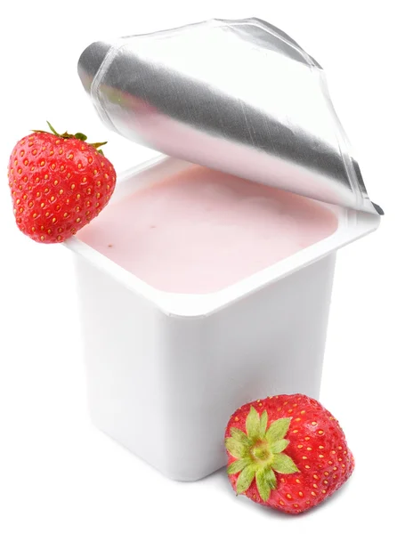 Strawberry yogurt in opened yoghurt pot — Stock Photo, Image