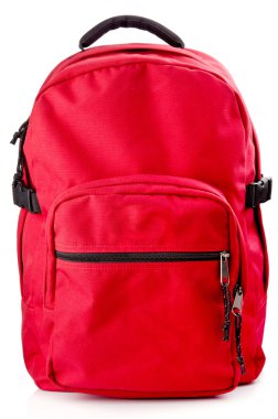 Red backpack standing on white background clipart