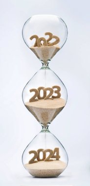 Past, present and future concept. 3 part hourglass. Falling sand taking the shape of years 2022, 2023 and 2024.