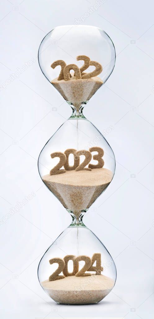 Past, present and future concept. 3 part hourglass. Falling sand taking the shape of years 2022, 2023 and 2024.