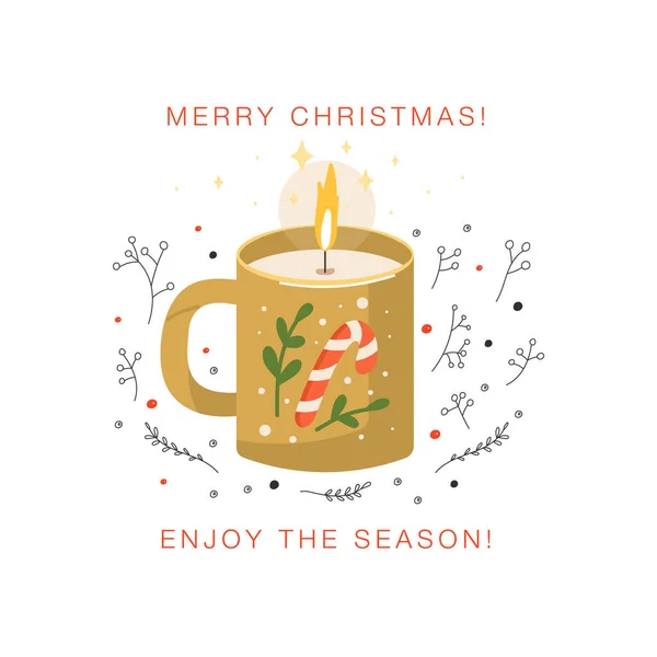 Vela Aromática Ardiente Taza Tarjeta Felicitación Navidad Feliz Año Nuevo — Archivo Imágenes Vectoriales