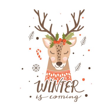 Yazılı ve dekoratif mevsimlik elementleri olan şirin bir Noel geyiği. Noel tipografisi kışı yaklaşıyor. Kış tatili kartpostal, davetiye, etiket vs. için harika bir vektör.