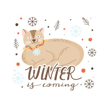 Yazılı ve dekoratif mevsimlik unsurları olan sevimli bir Noel kedisi. Noel tipografisi kışı yaklaşıyor. Kış tatili kartpostal, davetiye, etiket vs. için harika bir vektör.