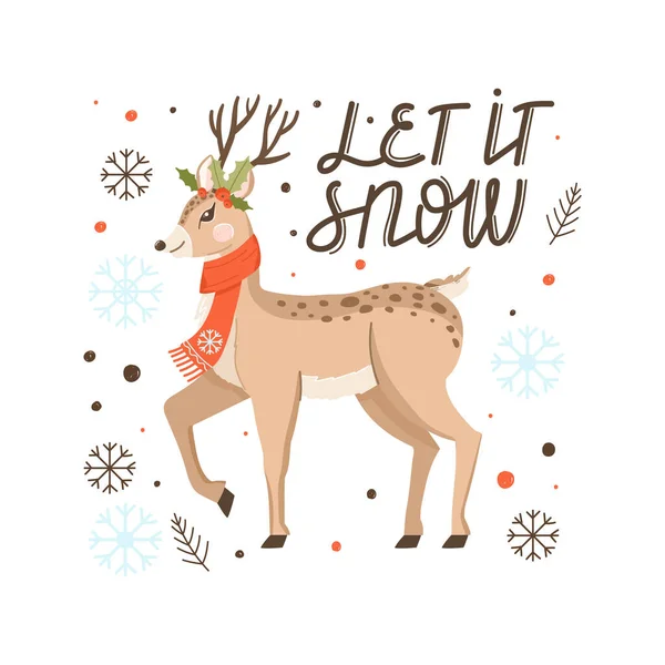 Cervos Natal Bonito Com Letras Elementos Decorativos Sazonais Tipografia Saudação — Vetor de Stock