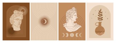 İçinde antik tanrı heykeli, soyut şekiller, mistik elementler ve bitkiler olan soyut dikey posterler. Apollo bir satır sanat. Sosyal medya, posterler, mobil uygulama tasarım şablonu, davetiye vb. Vektör tasarımı. 