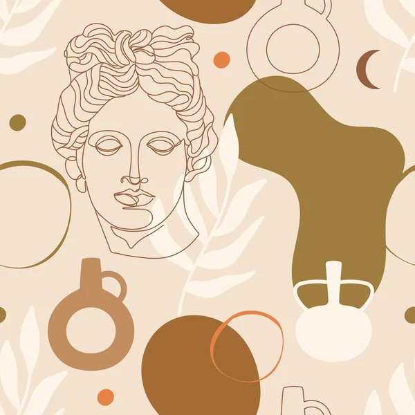アポロのアンティーク彫刻 抽象的なテラコッタの形状 花瓶や太陽のシンボルとシームレスなパターン 包装紙 壁紙などのための編集可能なベクトルイラスト — ストックベクタ