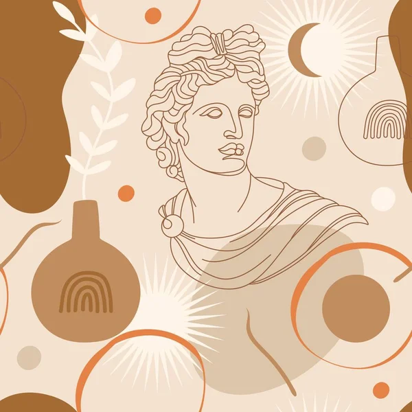 アポロのアンティーク彫刻 抽象的なテラコッタの形状 花瓶や太陽のシンボルとシームレスなパターン 包装紙 壁紙などのための編集可能なベクトルイラスト — ストックベクタ