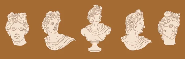 Set One Line Ancient Greek God Statue Apollo Classical Mythological — Stockvektor