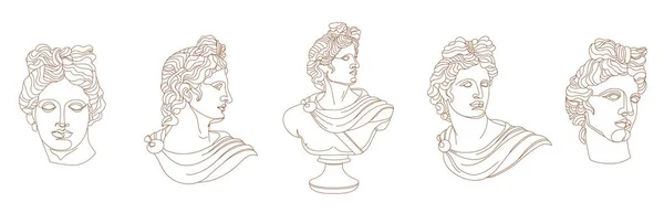 1行のセット古代ギリシャの神の像 アポロの古典神話の彫刻は異なるポーズで ポスター 白い背景の招待状のデザインのためのベクトルアート — ストックベクタ