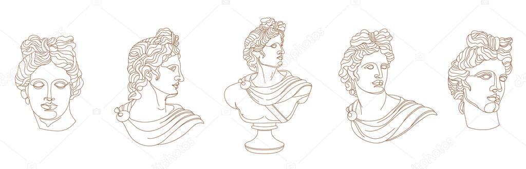 Set of one line Ancient Greek god statue. Apollo classical mythological sculptures in different poses. Vector art for design of posters, clothes, logo, invitations on white background.