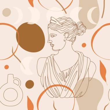 Artemis 'in antik heykelinin kusursuz şekli, soyut terracotta şekli, bitkiler, vazolar ve ay sembolü. Paket kağıdı, ambalaj, kumaş, duvar kağıdı vs. için düzenlenebilir vektör illüstrasyonu. 
