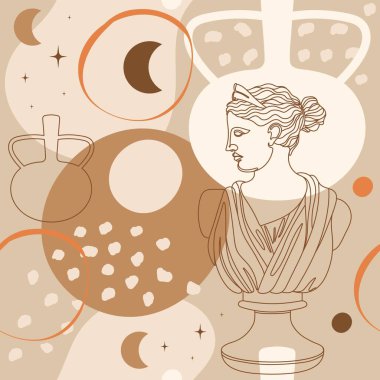 Artemis 'in antik heykelinin kusursuz şekli, soyut terracotta şekli, bitkiler, vazolar ve ay sembolü. Paket kağıdı, ambalaj, kumaş, duvar kağıdı vs. için düzenlenebilir vektör illüstrasyonu. 
