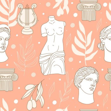Antik heykeller, lir, sütun, soyut terakotta şekli ve zeytin dalı olan kusursuz desenler. Paket kağıdı, ambalaj, kumaş, duvar kağıdı vs. için düzenlenebilir vektör illüstrasyonu. 
