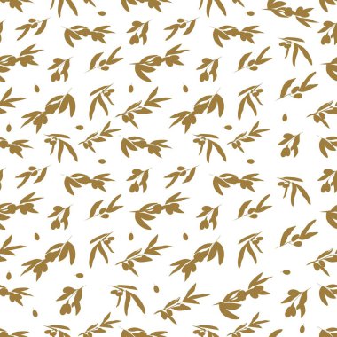 Zeytin dallarının kusursuz deseni. Yapraklı ve meyveli botanik çizimi. Paket kağıdı, ambalaj, yağ etiketi, düğün davetiyeleri vs. için düzenlenebilir vektör illüstrasyonu. 