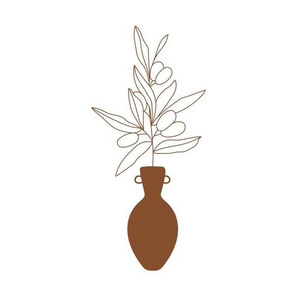 Vase Olive Branch Minimalist Vector Illustration Posters Cards Logo Printing — Vettoriale Stock