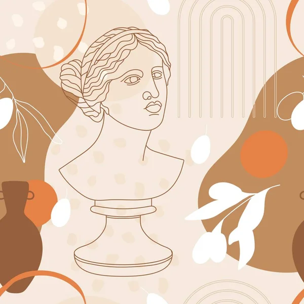 Nahtloses Muster Mit Antiken Skulpturen Der Aphrodite Abstrakter Terrakottaform Pflanzen — Stockvektor