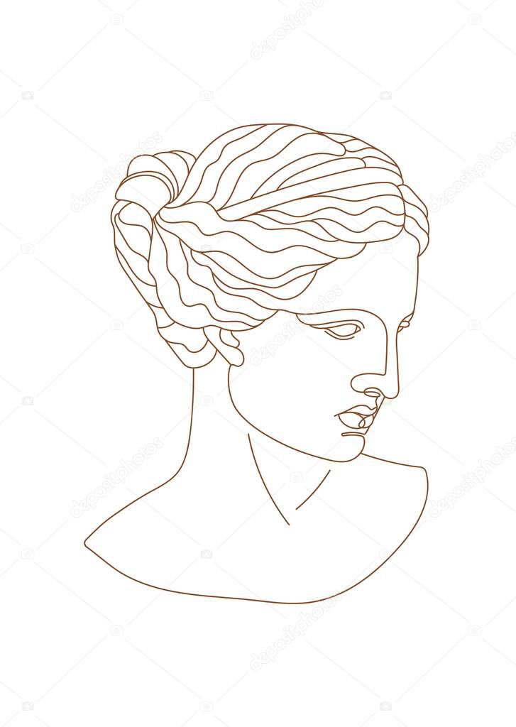 One line Ancient Greek goddess statue. Aphrodite or Venus ancient classical statue. Vector art for design of posters, clothes, logo, invitations.