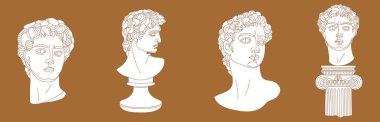 Set of one line Michelangelo's David portraits. Classical Greek sculptures in different poses. Vector art for design of posters, clothes, logo, invitations on mustard color background.