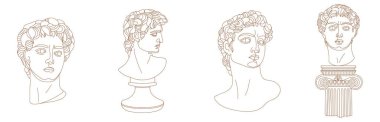 Set of one line Michelangelo's David portraits. Classical Greek sculptures in different poses. Vector art for design of posters, clothes, logo, invitations on white color background.