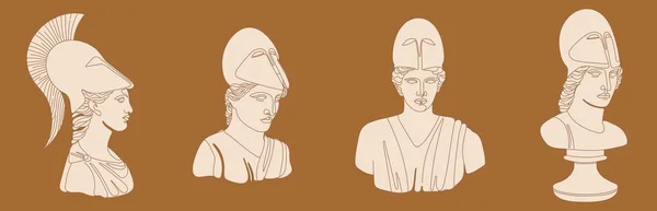 Set One Line Ancient Greek Goddess Statue Athena Classical Mythological — Stock Vector