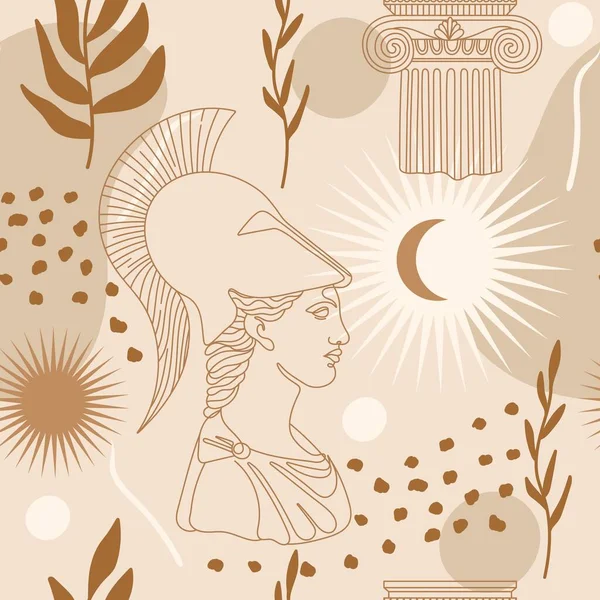 Seamless Pattern Antique Sculpture Athena Abstract Terracotta Shape Plants Sun — Stock vektor