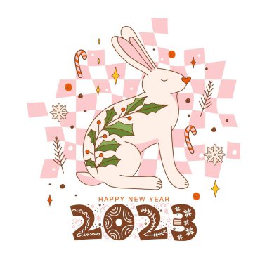 2023 tavşan yılıdır. İçinde harika bir tavşan olan Noel retro tebrik kartı, dama tahtası arkasında tatil eşyaları. Tatil kartpostalı, poster, davetiye, etiket vs. için vektör illüstrasyonu.