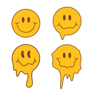 Bir grup hippi eriyen gülümseyen surat. Beyaz arka planda izole edilmiş komik erime gülümsemeleri. Psychedelic vektör emoji yüzü.