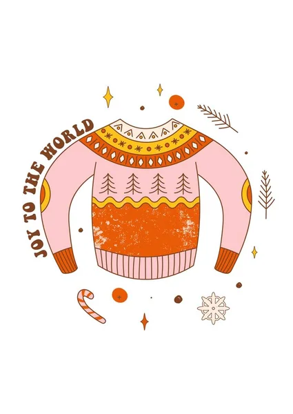 醜いセーターでクリスマスレトログリーティングカード 70年代のスタイルでレタリング引用とグルービーセーター クリスマスのタイポグラフィ世界への喜び 休日のはがき 招待状 ステッカーなどのベクトルイラスト — ストックベクタ