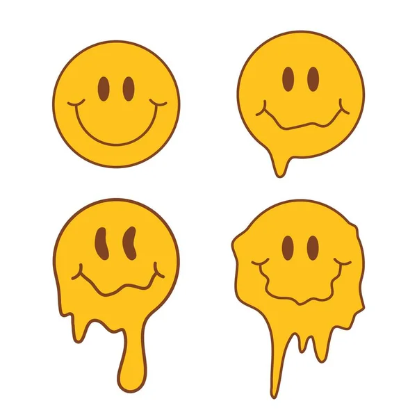 Set Hippie Groovy Melting Smile Faces Funny Melt Smiles Isolated — Stock Vector