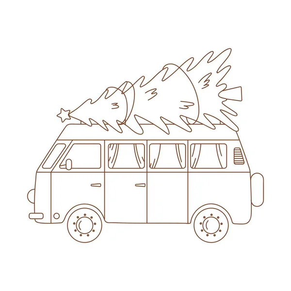 Coloring Page Outline Hippie Van Spruce Outlined Truck Christmas Tree — Stock Vector