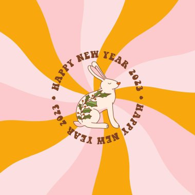 Dönen radyal spiral arka planda harika bir tavşan. 2023 tavşan yılıdır. Mutlu yıllar 2023. Tatil kartpostalı, poster, davetiye, etiket vs. için vektör illüstrasyonu.