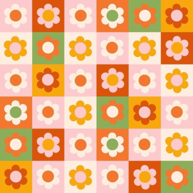 70 'lerin modası geçmemiş, hippi tarzı çiçekleri var. Dama tahtasında saf bir çiçek. Kumaş, duvar kağıdı, ambalaj veya ambalaj kağıdı için klasik vektör.