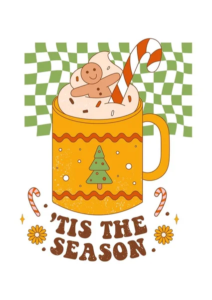 Tarjeta Felicitación Retro Navidad Con Taza Bebida Cacao Groovy Taza — Archivo Imágenes Vectoriales