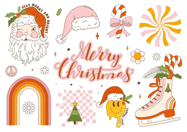 レトロなヒッピーイラスト要素のクリスマスセット 粗いトウヒ アイススケート キャンディー杖 融け笑顔 サンタクロース サンタの帽子 日の出の渦巻き 平和のサインなど 休日のはがき — ストックベクタ
