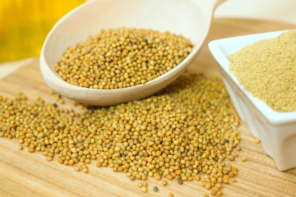 Organic mustard seeds and ground mustard — Stock Photo, Image