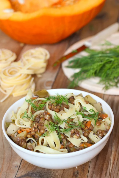 Lentil soup with pasta and pumpkin — Stock Photo, Image