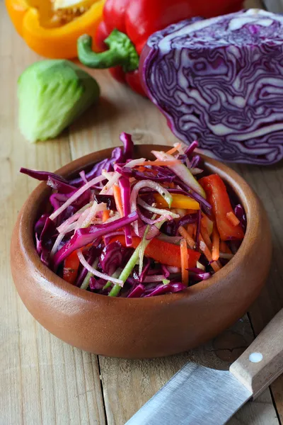 Raw purple cabbage salad on wooden rustic table — Stock Photo, Image