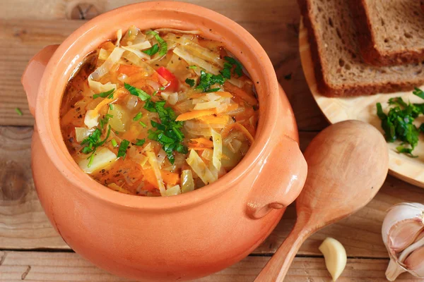 Traditional Russian vegetarian cabbage soup - schi — Stock Photo, Image