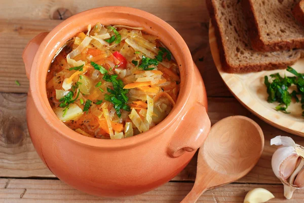 Traditional Russian vegetarian cabbage soup - schi — Stock Photo, Image