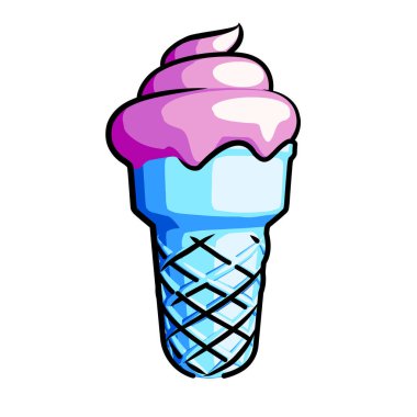 Bu bir dondurma karikatür vektörü, düz gölgelendirmeli, siyah çizgili.