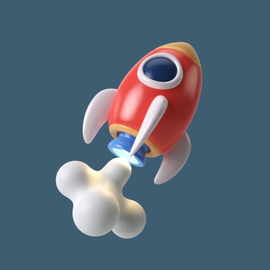 Yüksek çözünürlüklü ve koyu mavi arkaplanlı 3D roket çizimi