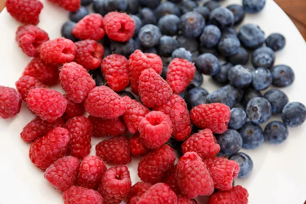 Berries on white plate — Stockfoto