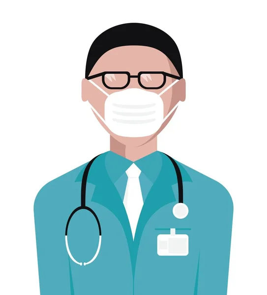 Yüzü maskeli ve steteskoplu yeşil önlüklü bir doktor.