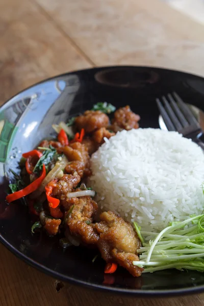 Pollo frito revuelva albahaca crujiente, comida tailandesa —  Fotos de Stock