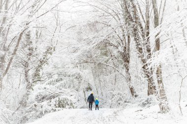 Baba ve oğul karlı ormanda yürürken eğleniyorlar..